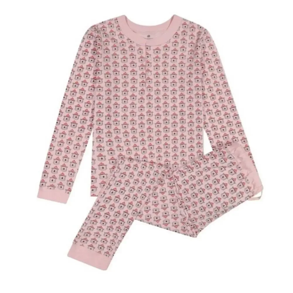 Ro’s Garden Bizzy Bear Pima Cotton Pajama Set Pink Bear Print Sleepwear L